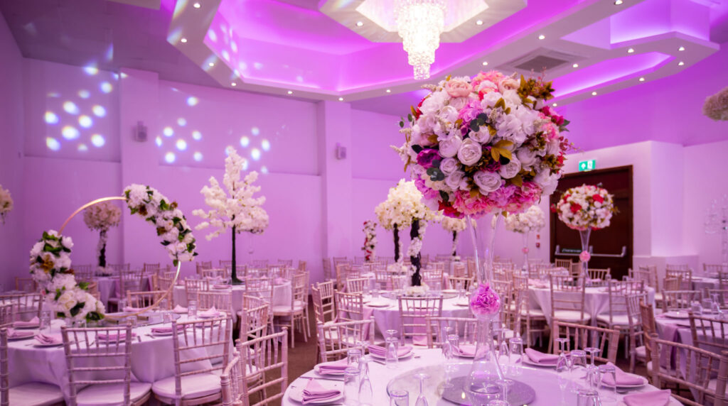 Elegant Opal Suite event space with floral decor, ideal for weddings and upscale gatherings.