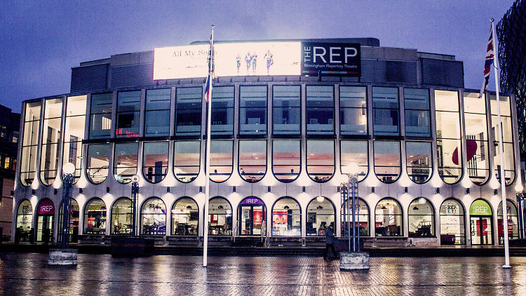 Modern glass-fronted event venue at Birmingham Repertory Theatre for conferences and performances.