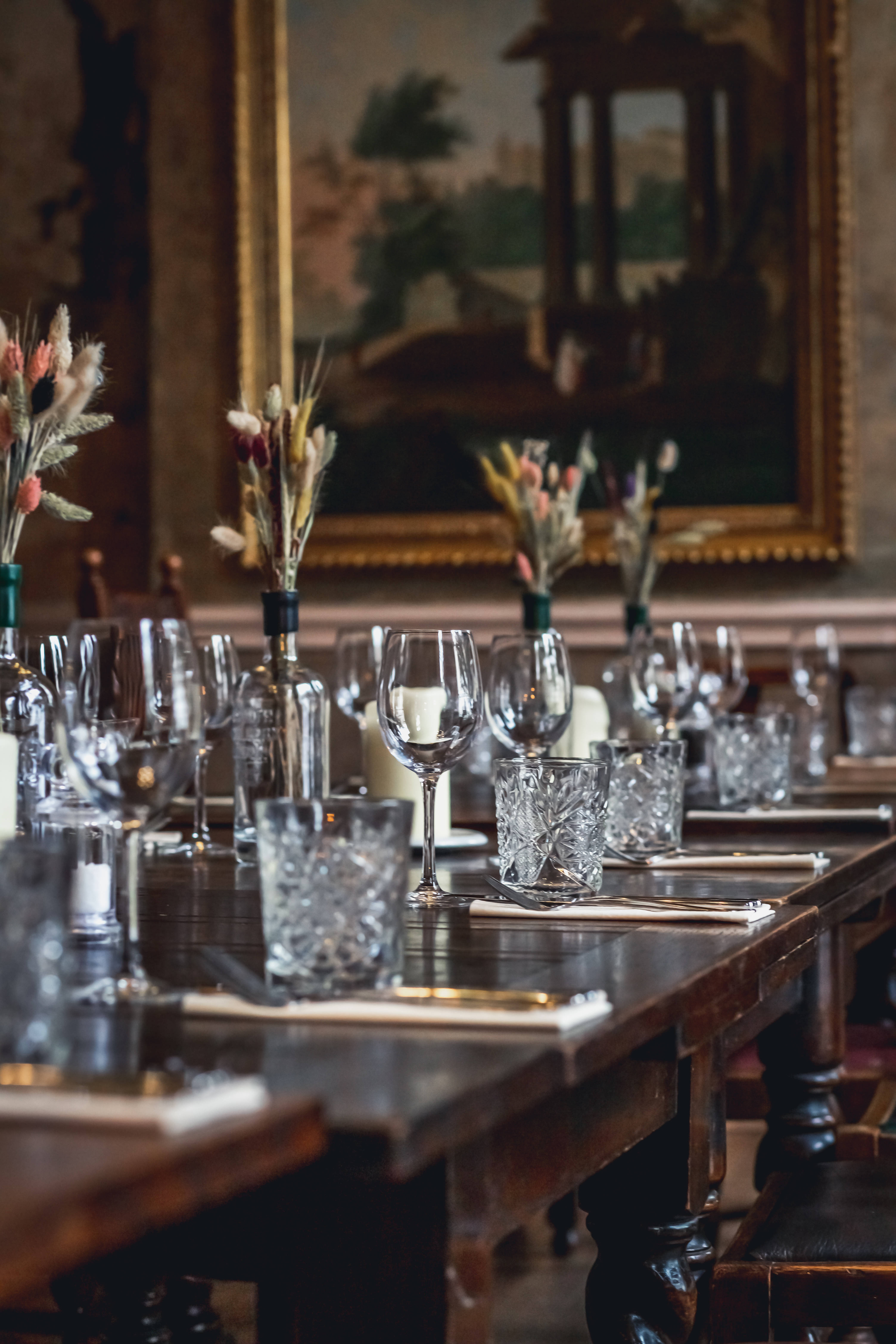 Elegant dining table with crystal glassware for upscale events at The Wilton Arms.