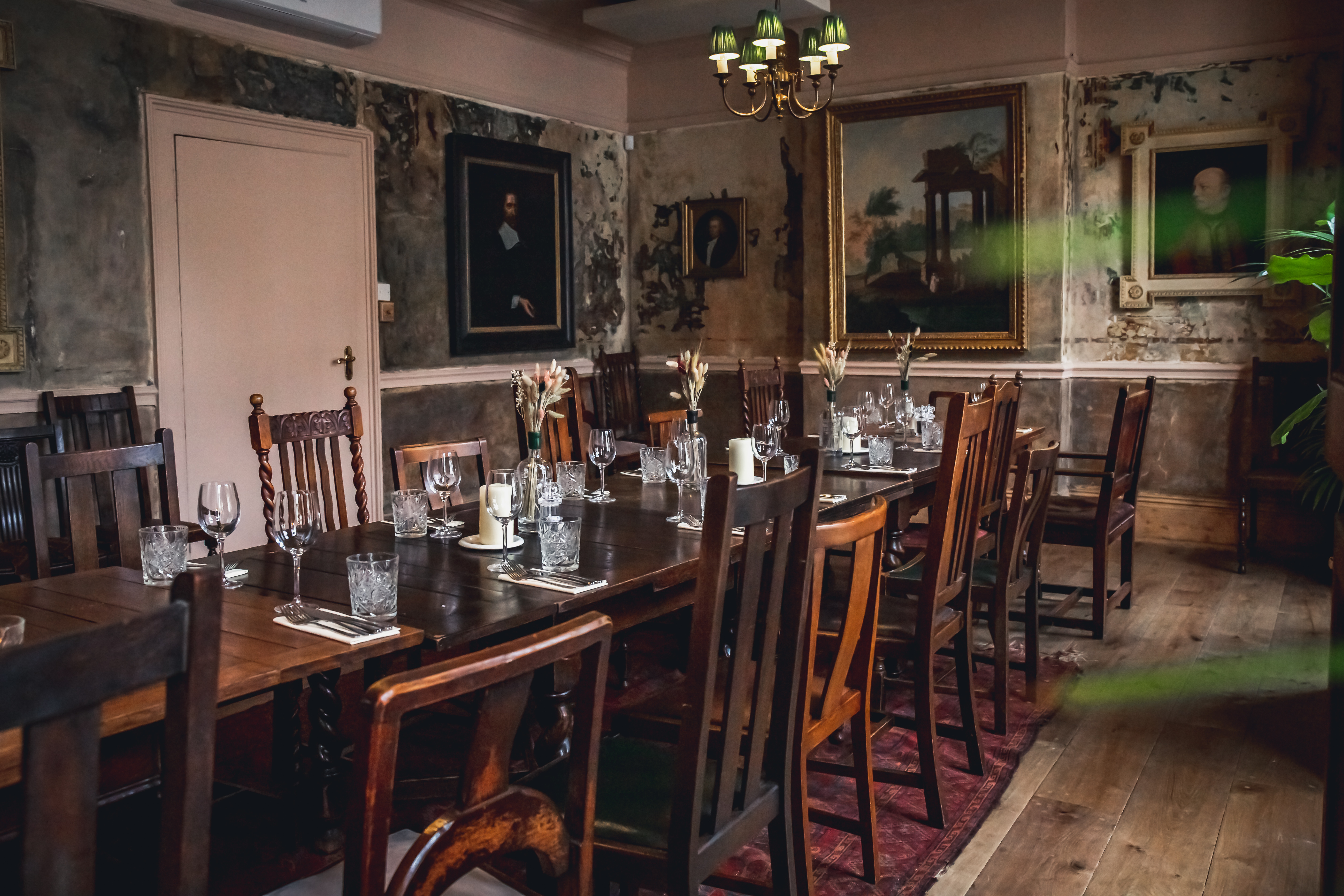 Rustic dining room at The Gallery, ideal for intimate gatherings and corporate meetings.