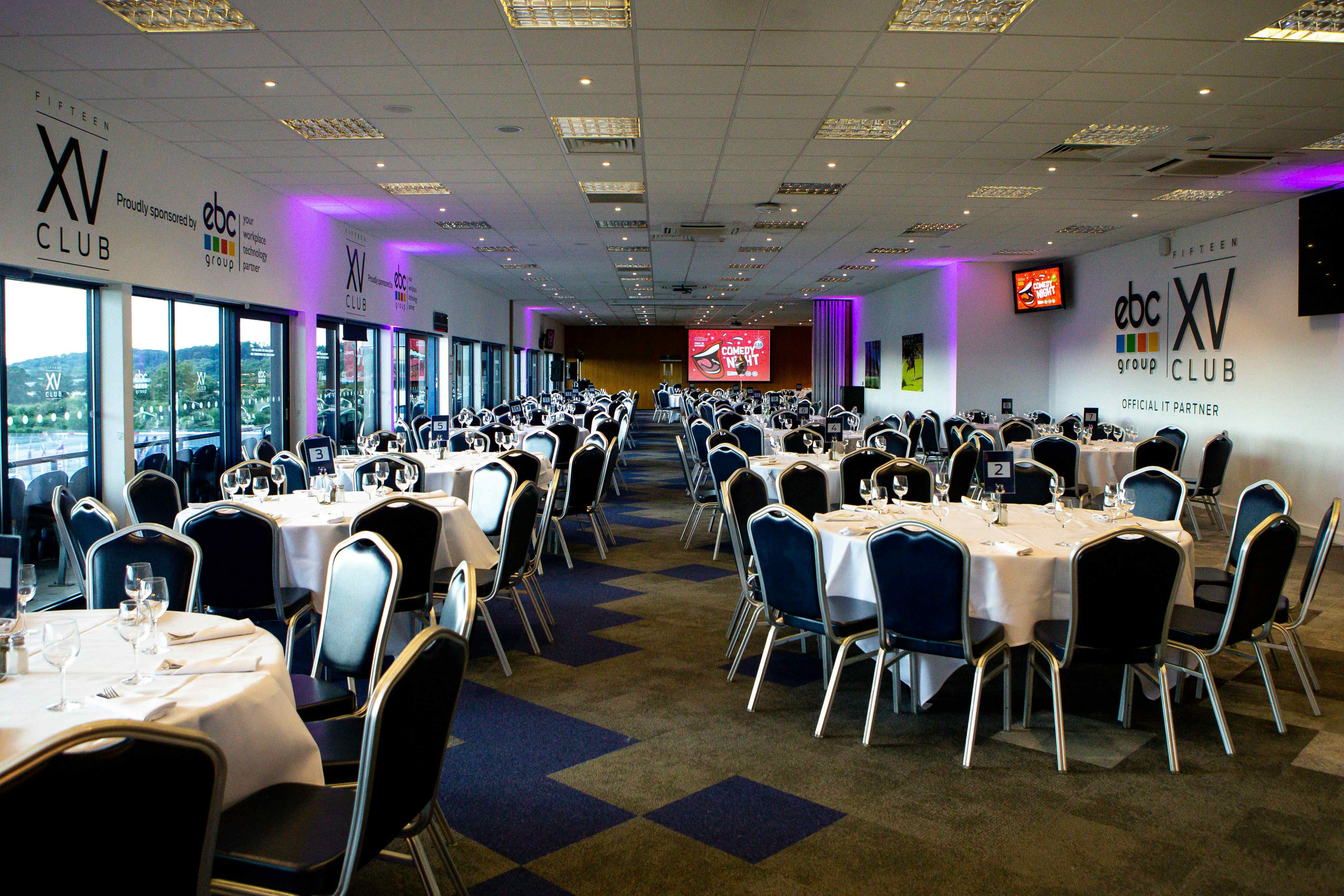 Gala Dinner Hall at Sixways Stadium with elegant tables for corporate events and dining.