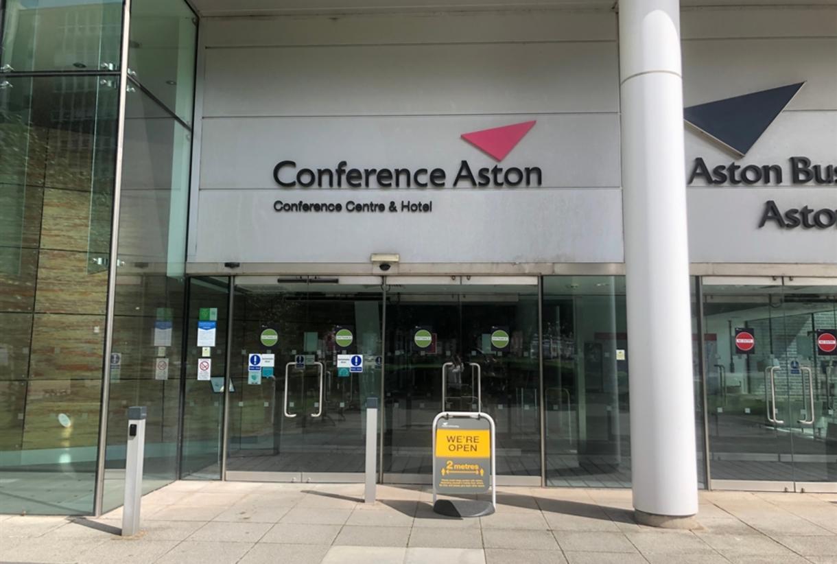 Business center entrance at Conference Aston, modern venue for meetings and events.