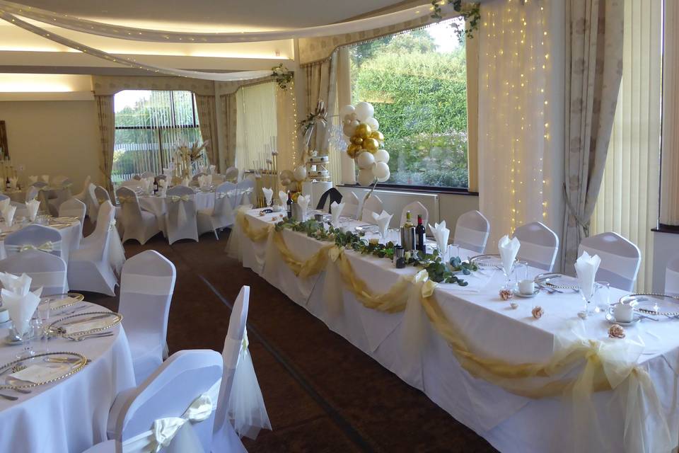 Elegant dining room at Weatheroak Hall, ideal for weddings and formal events.