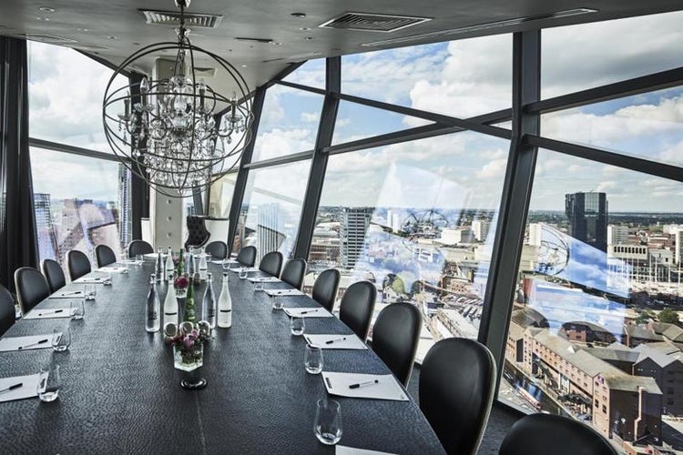 Private dining room with city skyline view, perfect for corporate meetings and events.