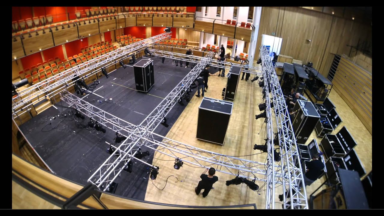 Conference center in Bramall Music Building with trussing for events and gatherings.