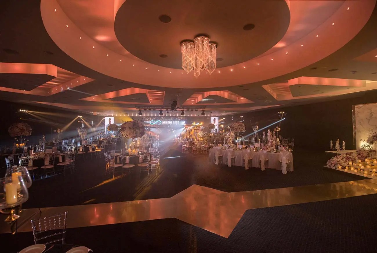 Elegant Grand Ballroom with chandeliers, perfect for weddings and corporate events.