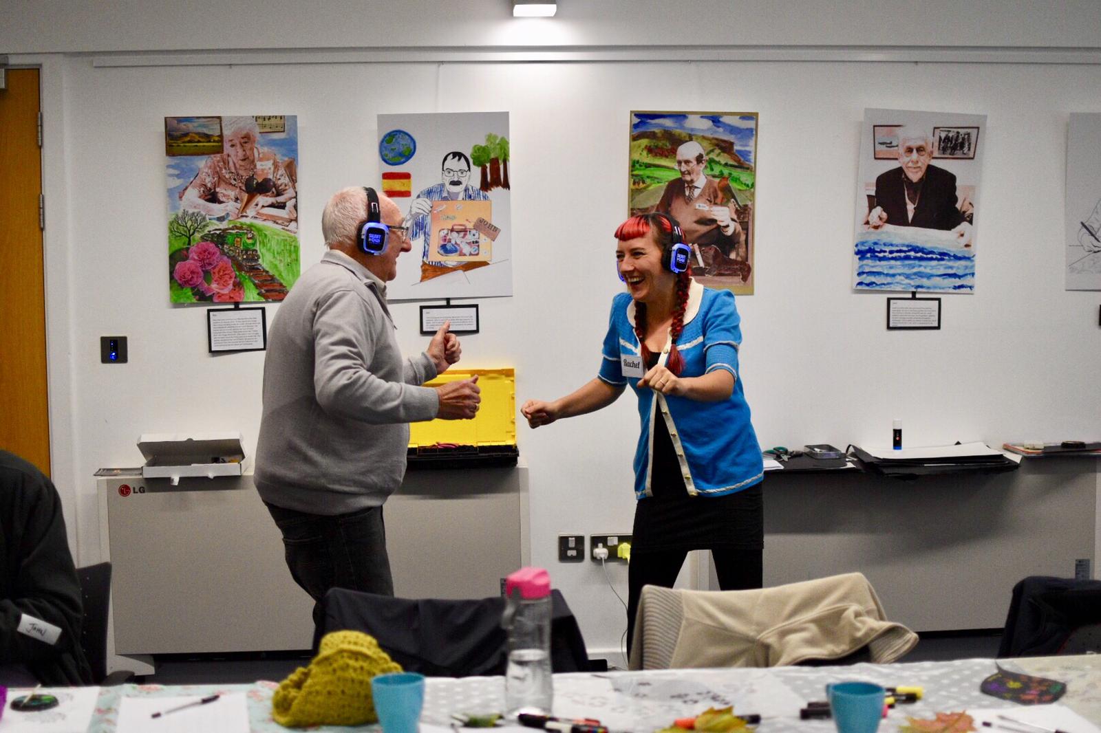 Photo booths at Silent Noize Events with participants enjoying a team-building workshop.