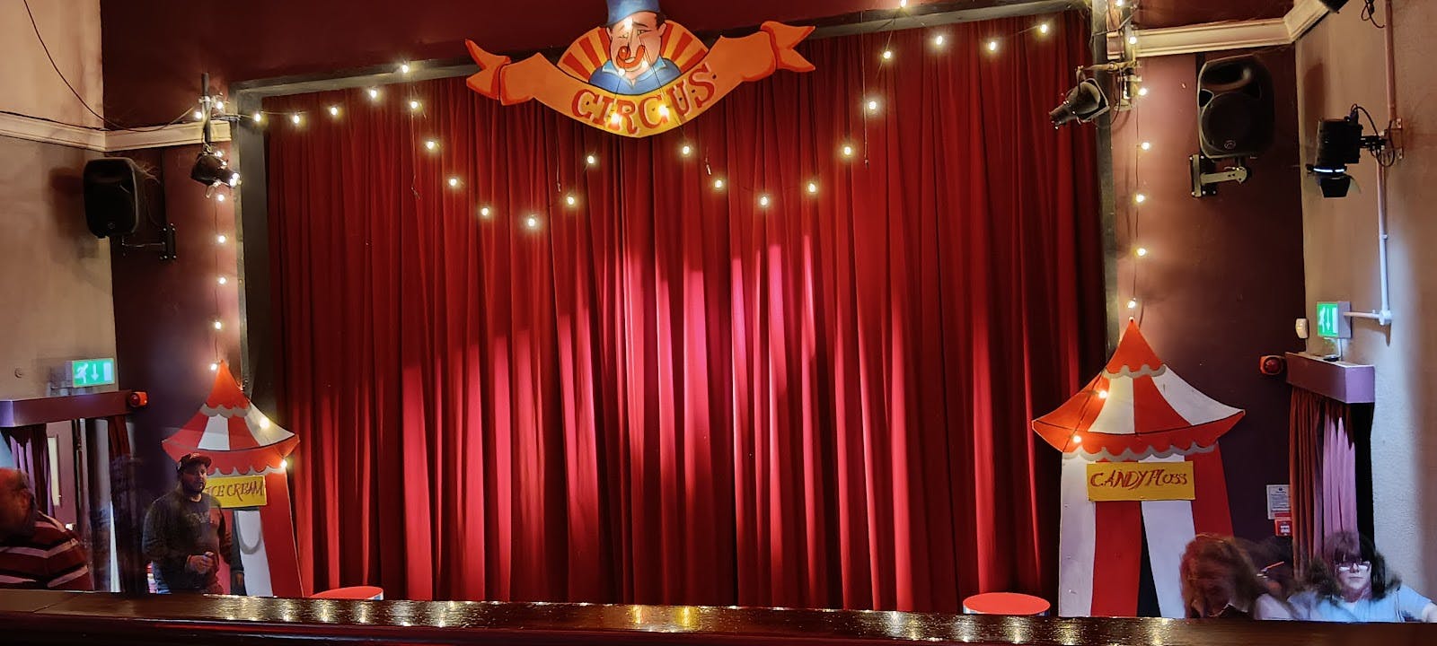 Circus-themed stage at Oldbury Repertory Theatre, perfect for performances and events.
