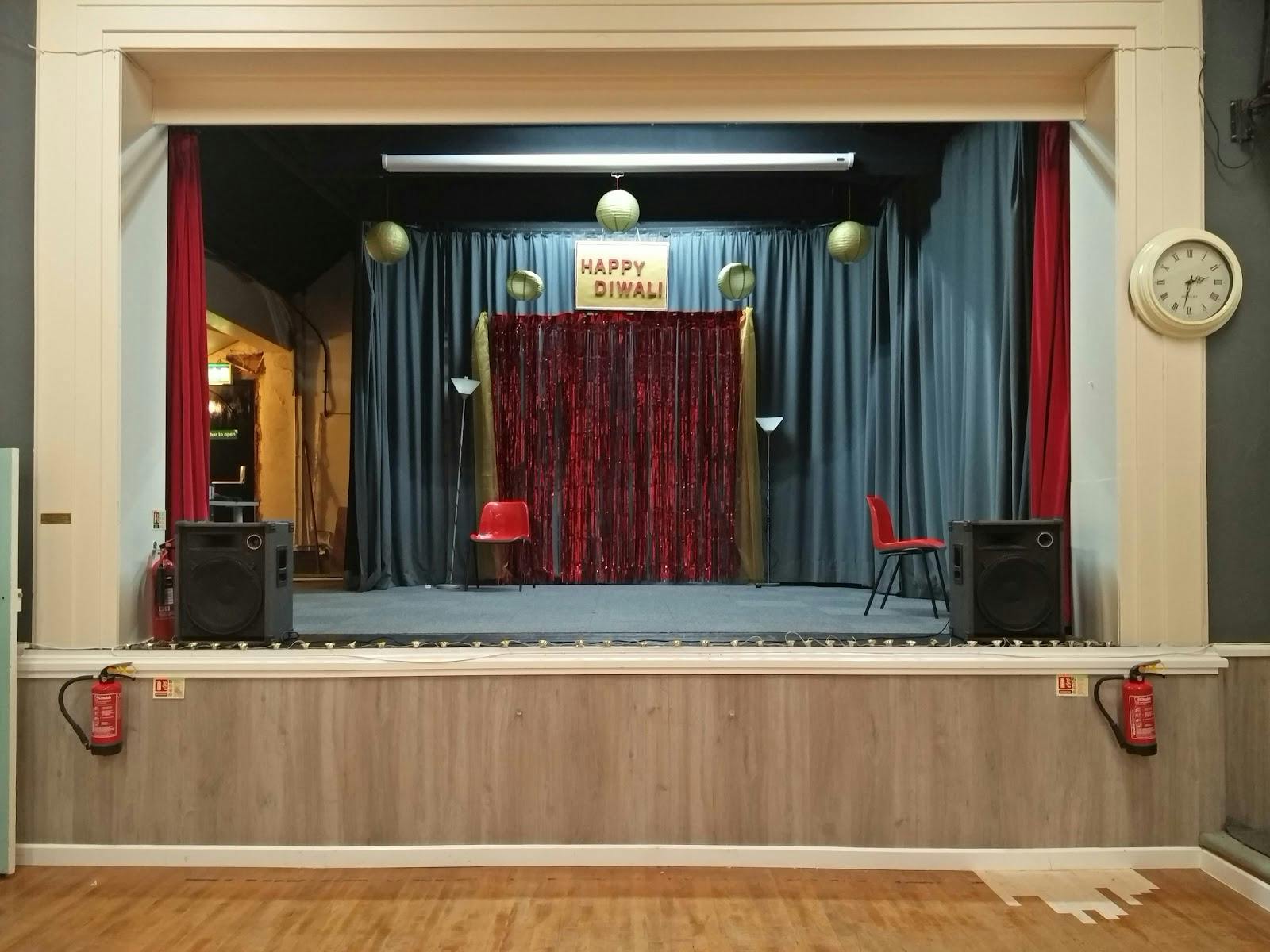 Main Hall in Earlswood Village Hall, decorated for a festive Diwali event.