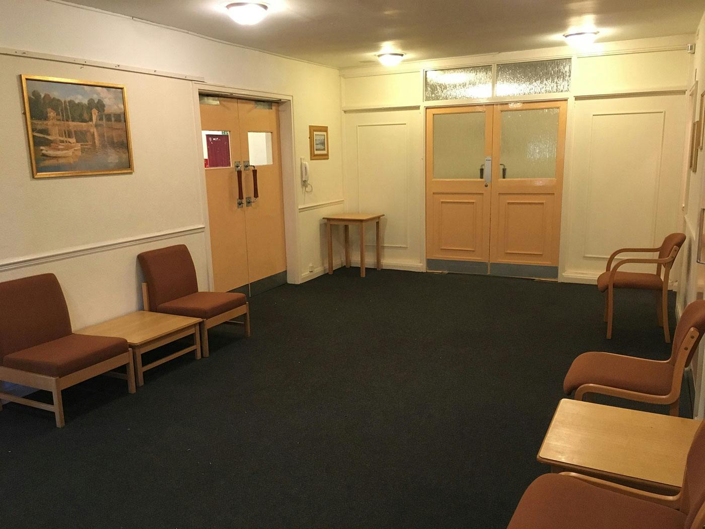 Spacious waiting area in Knowle Village Hall, perfect for events and networking.