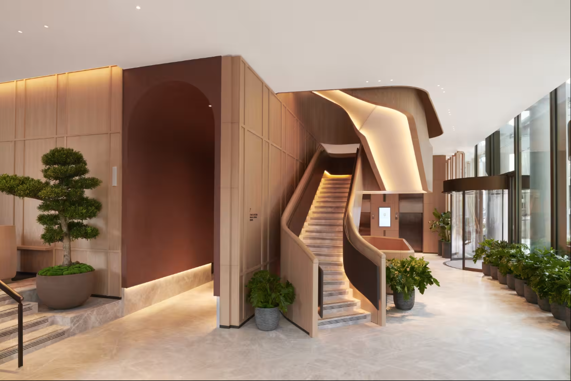 Straits Kitchen London: Modern lobby, grand staircase, corporate event venue