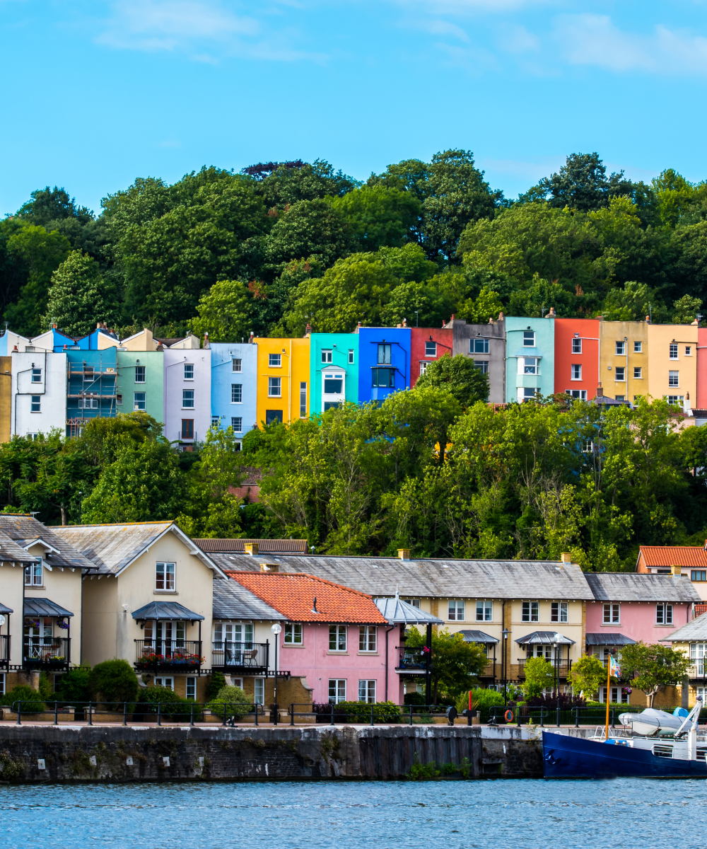 Colorful hillside buildings at Mollie's Diner, perfect for outdoor events and networking.