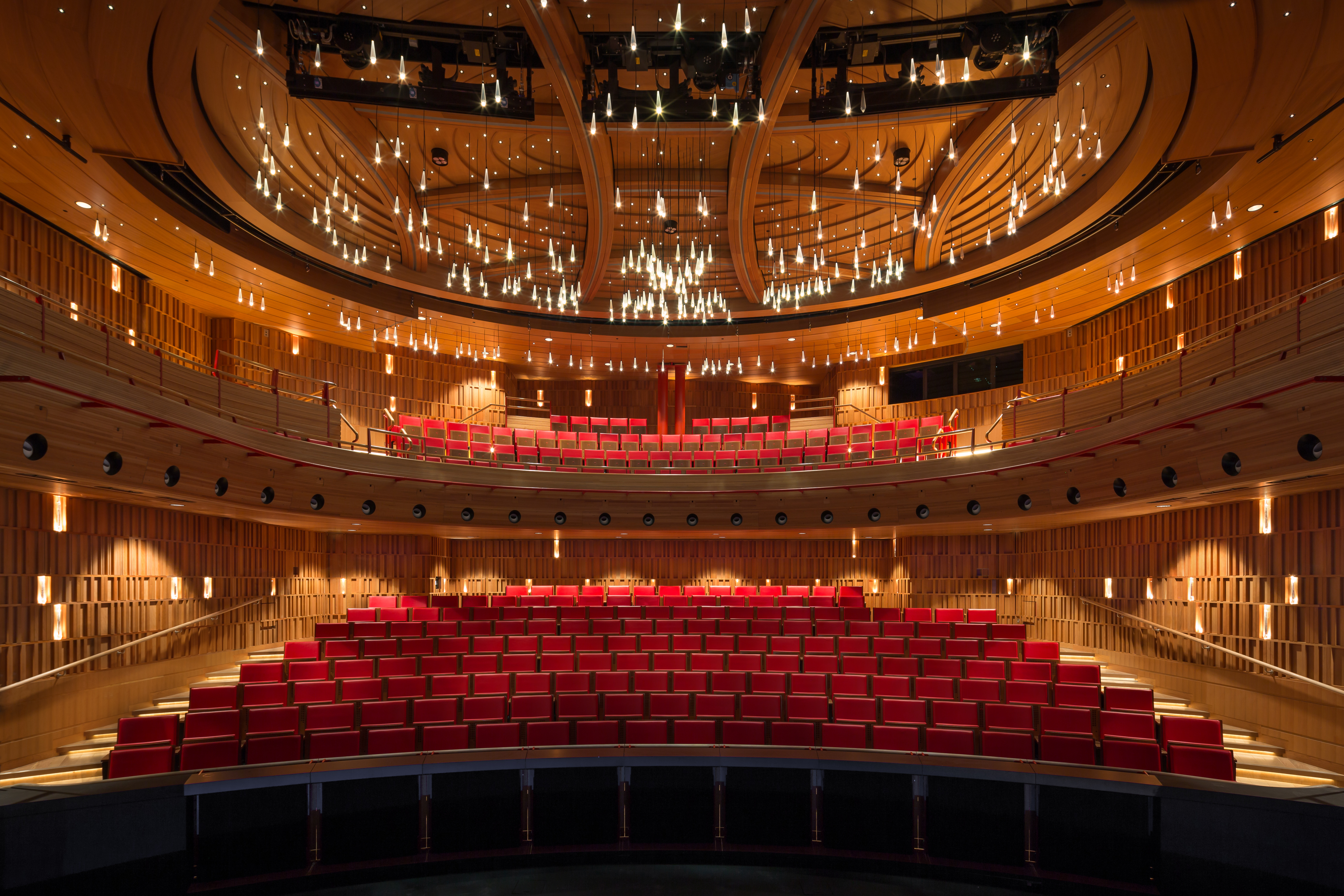 Susie Sainsbury Theatre with tiered red seating, perfect for performances and conferences.