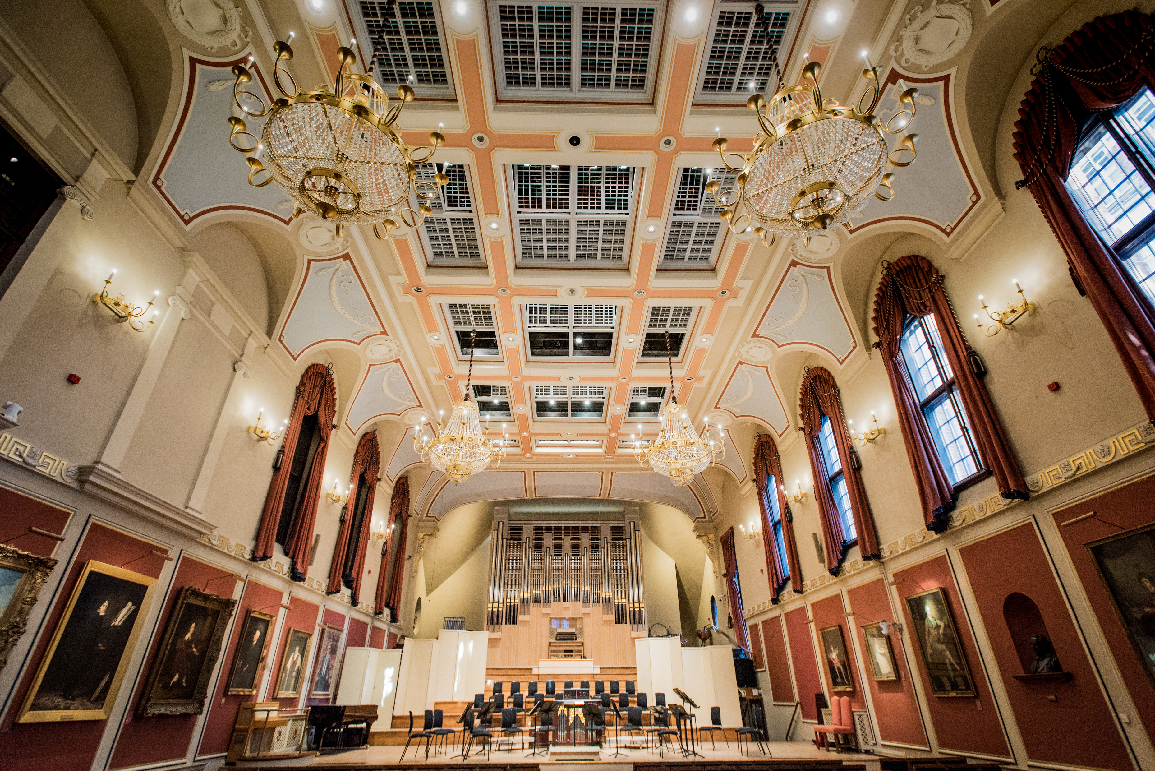 Duke's Hall at Royal Academy of Music, elegant ceiling, ideal for concerts and events.