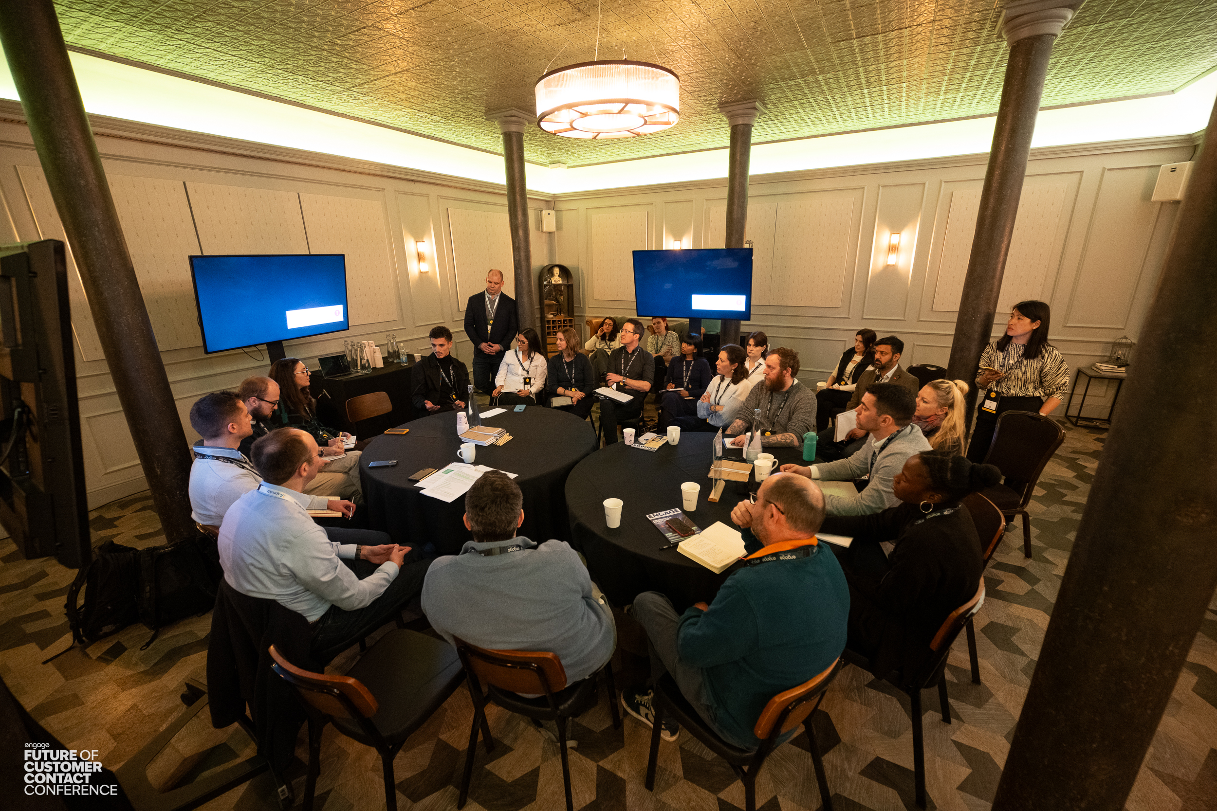 "Roundtable meeting at Grubstreet Cellars, stylish venue for collaboration and networking."