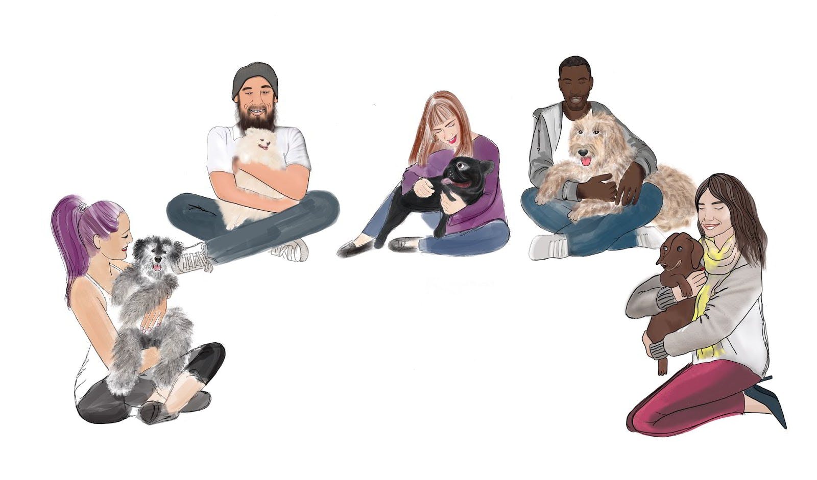 Diverse group in The Cuddle Club engaging with dogs at a networking event.