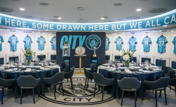 Stylish dining area in Manchester sports venue for corporate events and fan engagement.