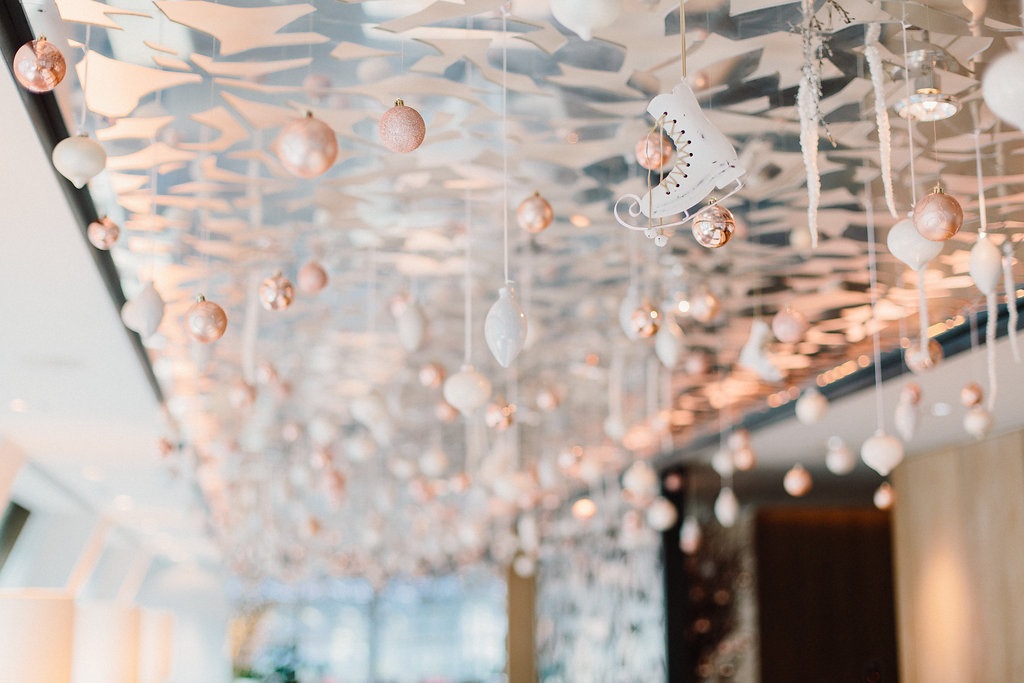 Elegant Angler Restaurant ceiling with rose gold ornaments for upscale events.