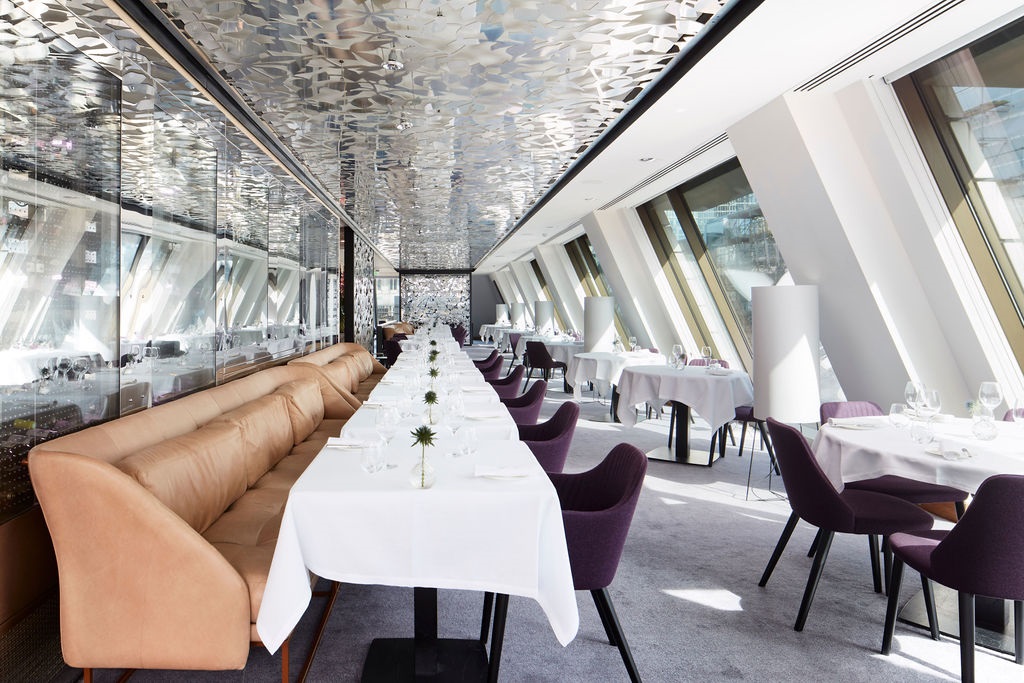 Angler Restaurant at South Place Hotel: modern dining space for upscale events.