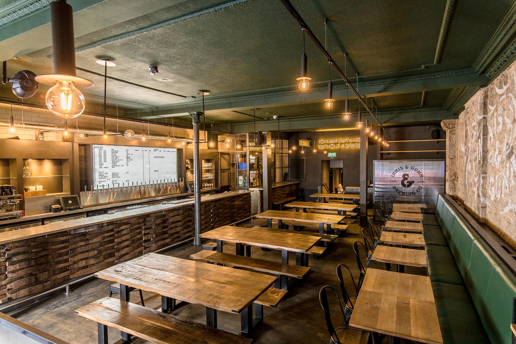 Private hire event space at BrewDog Lothian Road with rustic charm and industrial lighting.