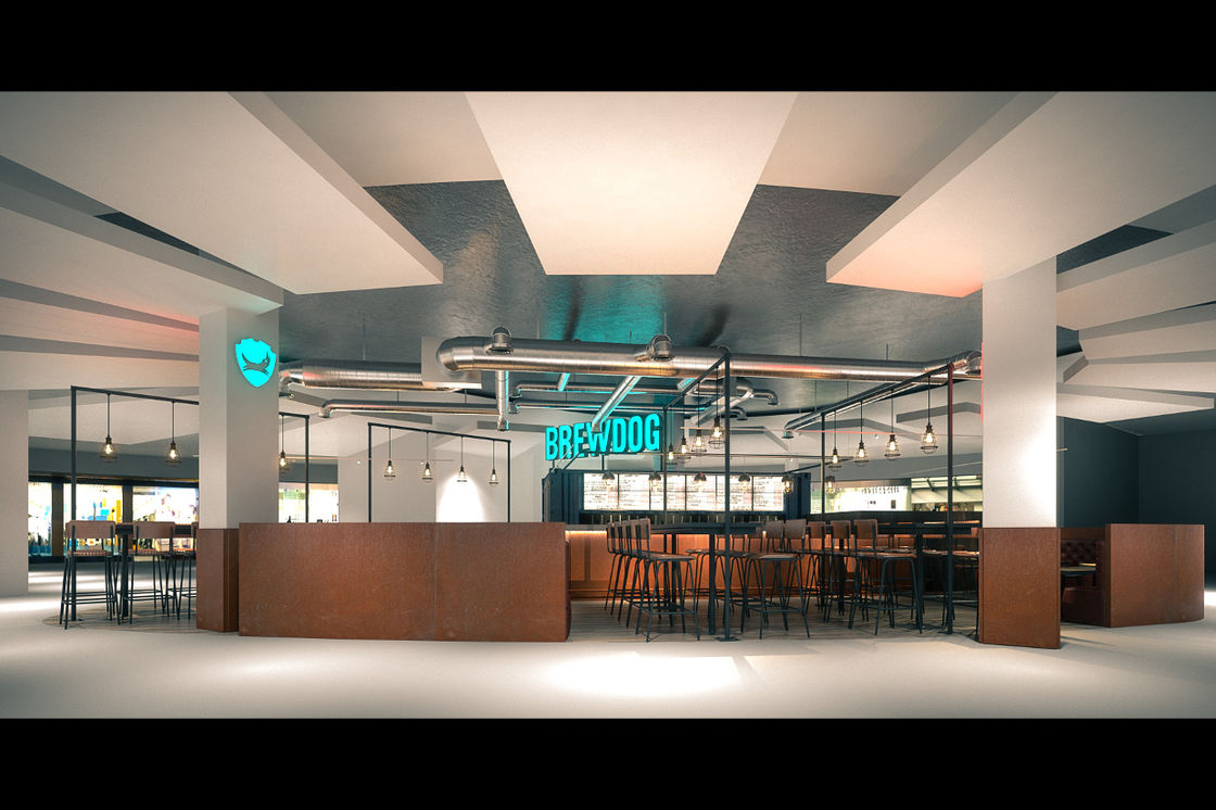 Modern BrewDog bar at Edinburgh Airport, ideal for corporate events and gatherings.