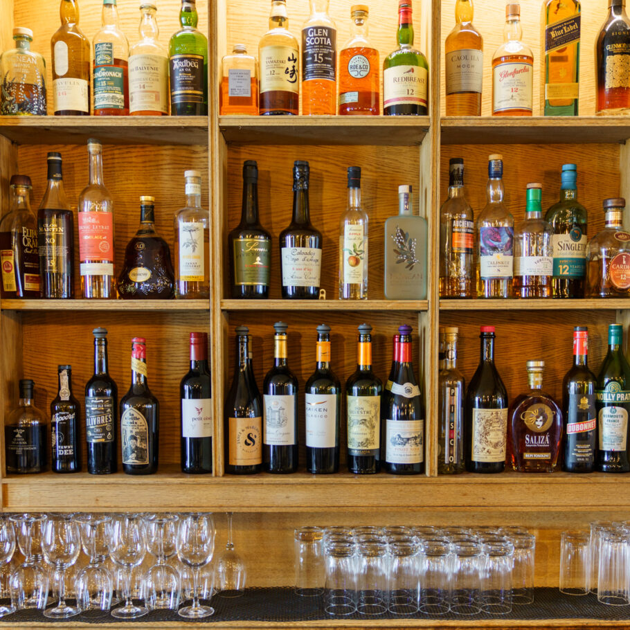 Private Bar at The GOAT Chelsea with diverse spirits for networking events and gatherings.