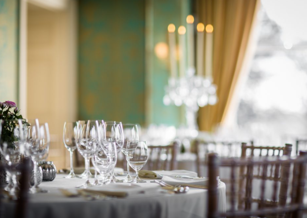 Elegant dining table in Georgian Ballroom, Bowcliffe Hall for formal events and galas.