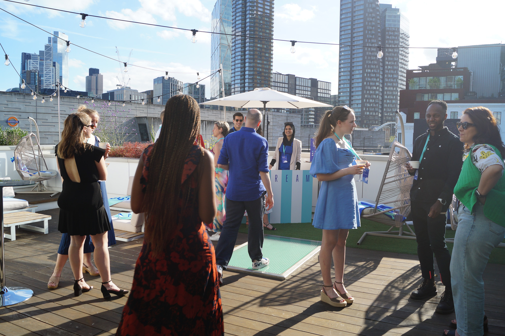 Vibrant rooftop event space at Sky Guild Gaming Centre for networking and social gatherings.