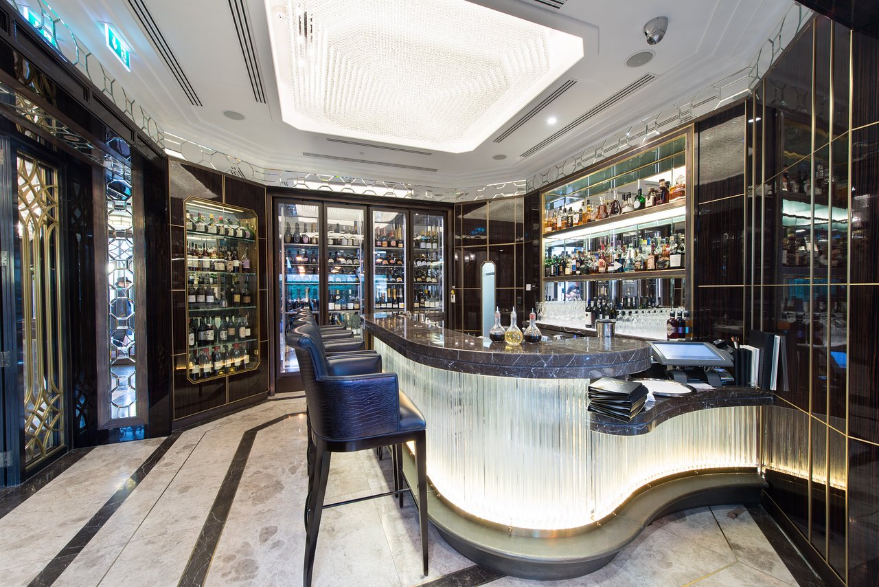Crystal Bar at The Wellesley, London: elegant marble counter for cocktail receptions.
