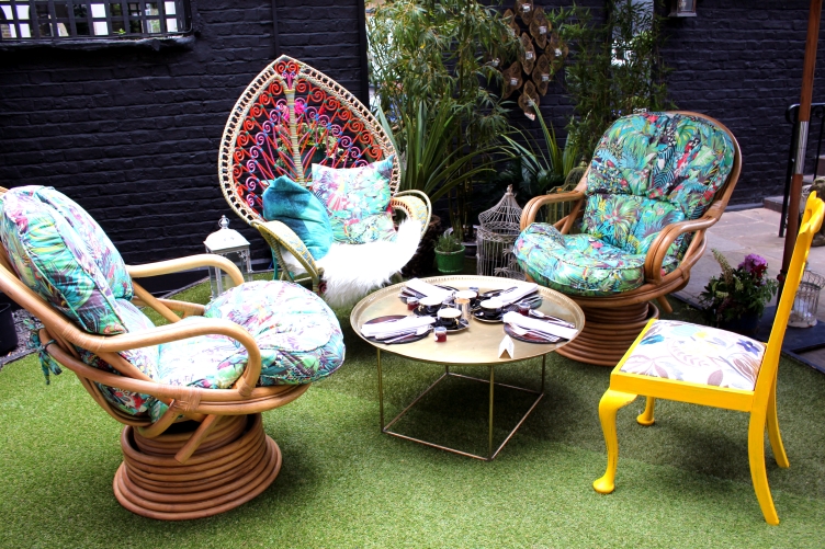 Outdoor lounge at Blakes Hotel London with tropical chairs for networking events.