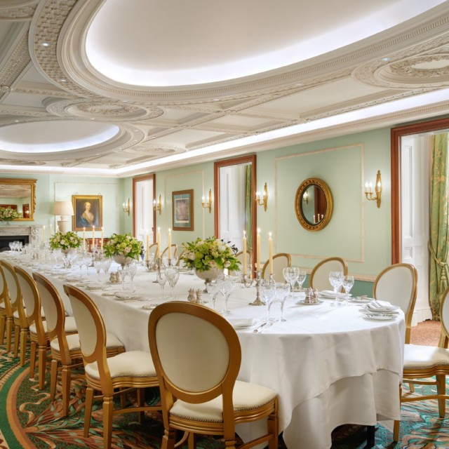 Belgravia Ballroom dining setup with fine china, ideal for corporate events and private gatherings.