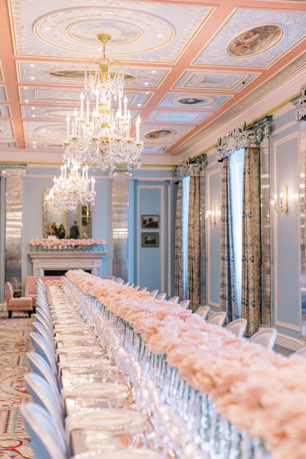 Elegant Belgravia Ballroom with pink florals, ideal for weddings and corporate events.
