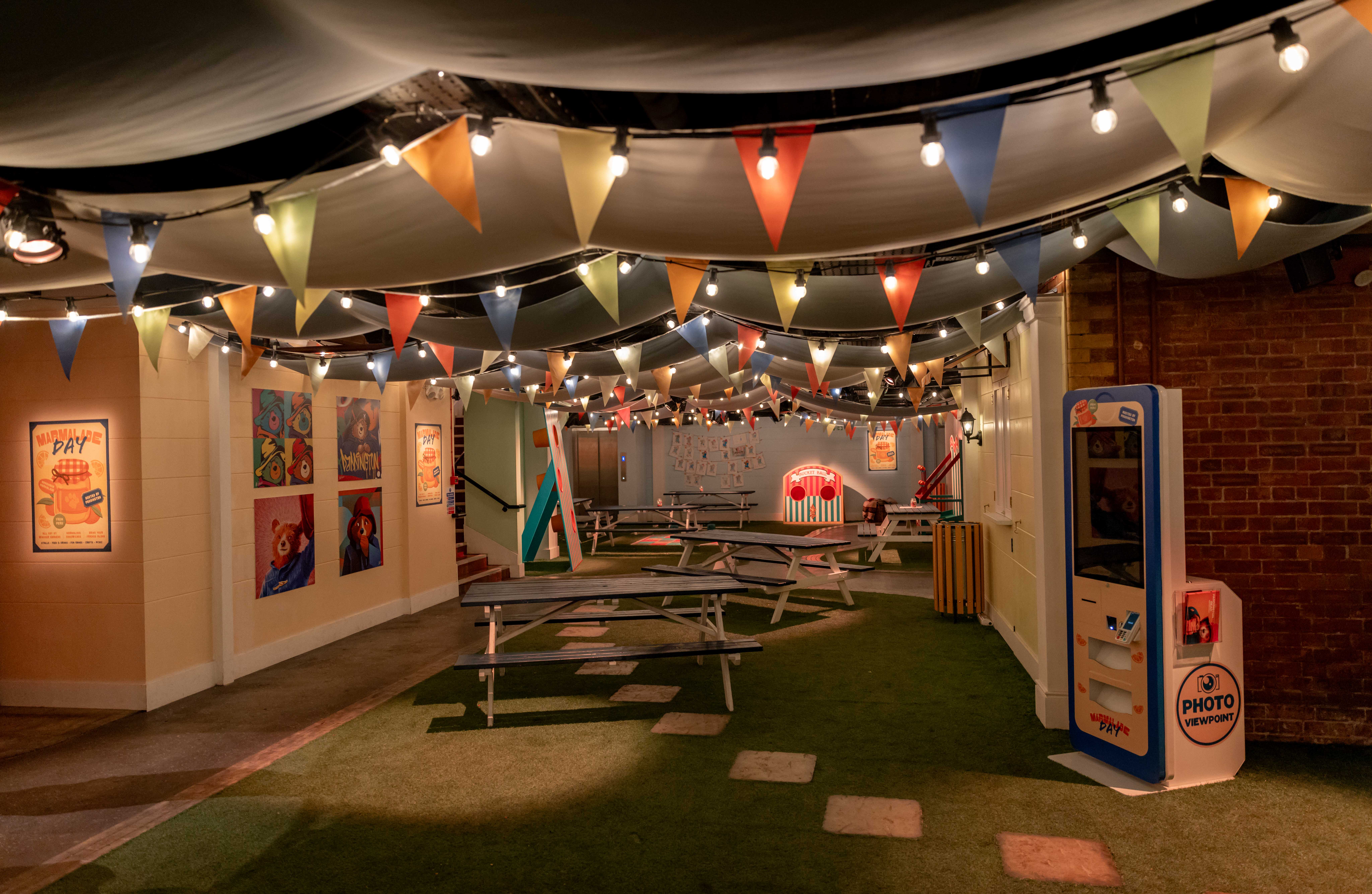Windsor Gardens at Paddington Bear Experience, vibrant picnic seating for team-building events.