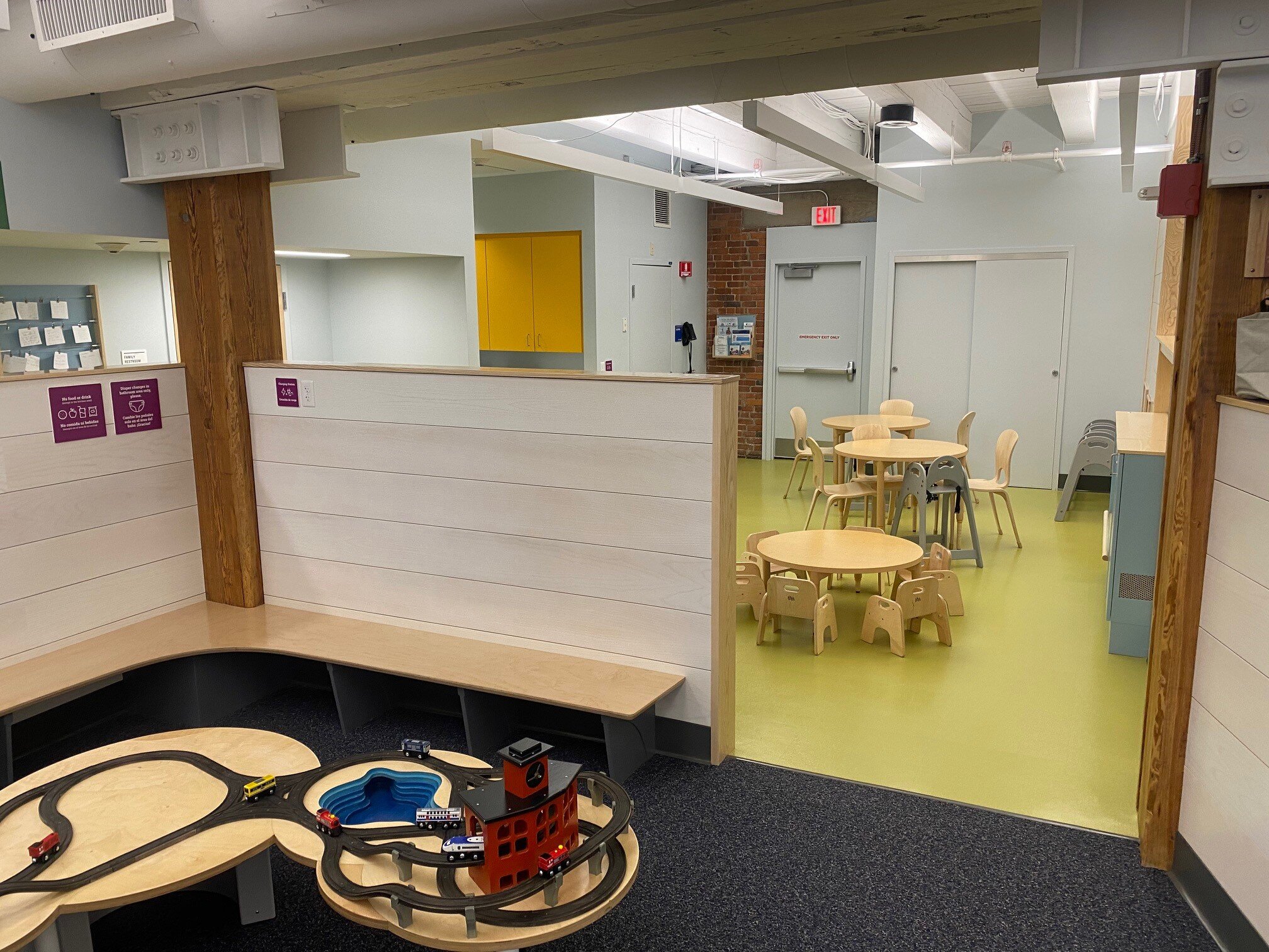 Play Space at Boston Children's Museum with train set, ideal for family-friendly events.