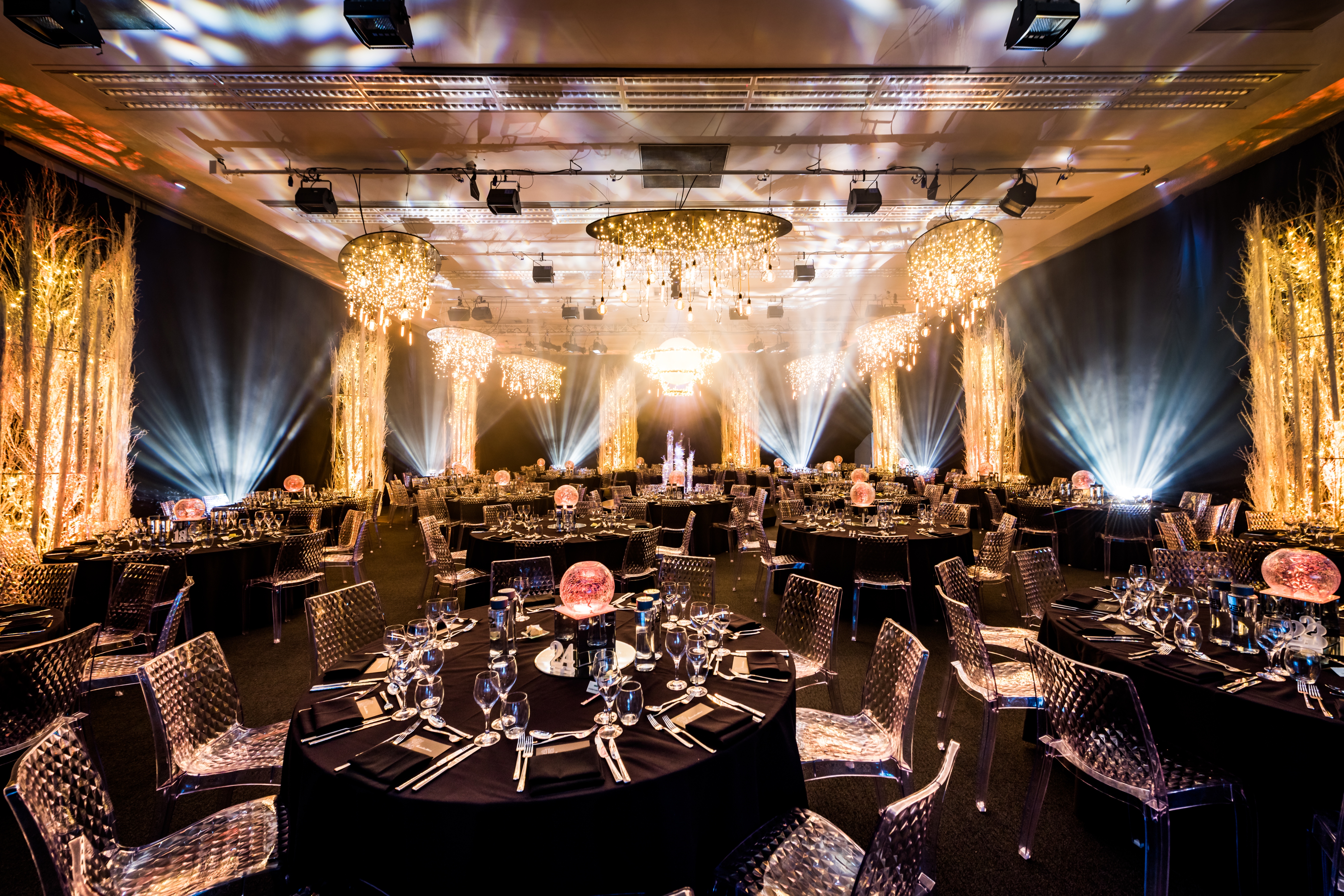 Luxurious banquet setup with elegant tables at Mountbatten, perfect for corporate events.