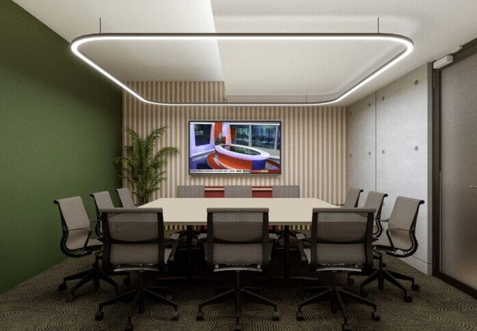 Modern conference room in Phoenix House with oval table, ideal for hybrid meetings.