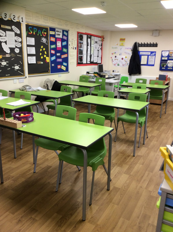 Classroom with green tables at ACE Language School, ideal for workshops and events.