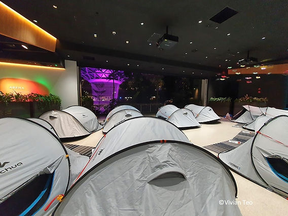 Changi Experience Studio seminar room with tents for team-building events at Jewel Changi Airport.