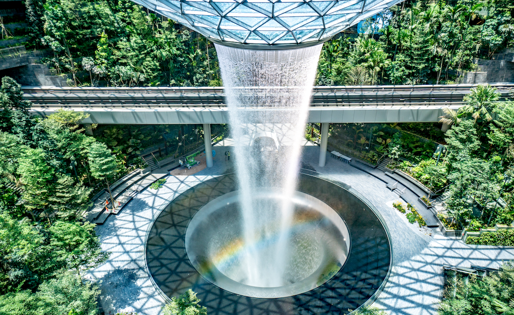 Indoor waterfall at Jewel Changi Airport, perfect for corporate events and celebrations.
