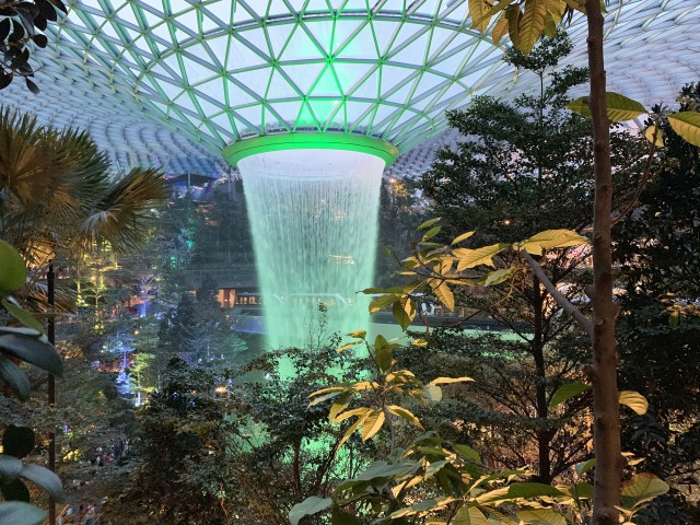 Indoor waterfall at Jewel Changi Airport, perfect for events and networking.