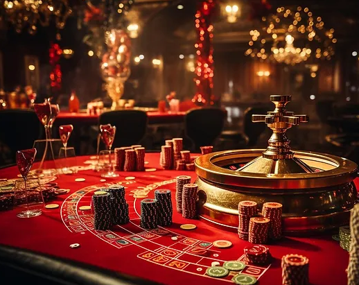 Casino-themed corporate party venue with roulette table and vibrant decor.