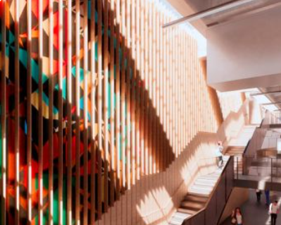 Modern venue at London South Bank University with vibrant wall, ideal for events and networking.