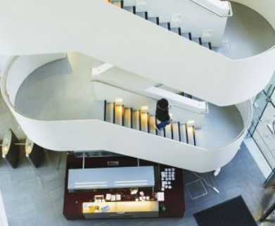 Modern staircase at London South Bank University venue, ideal for events and networking.
