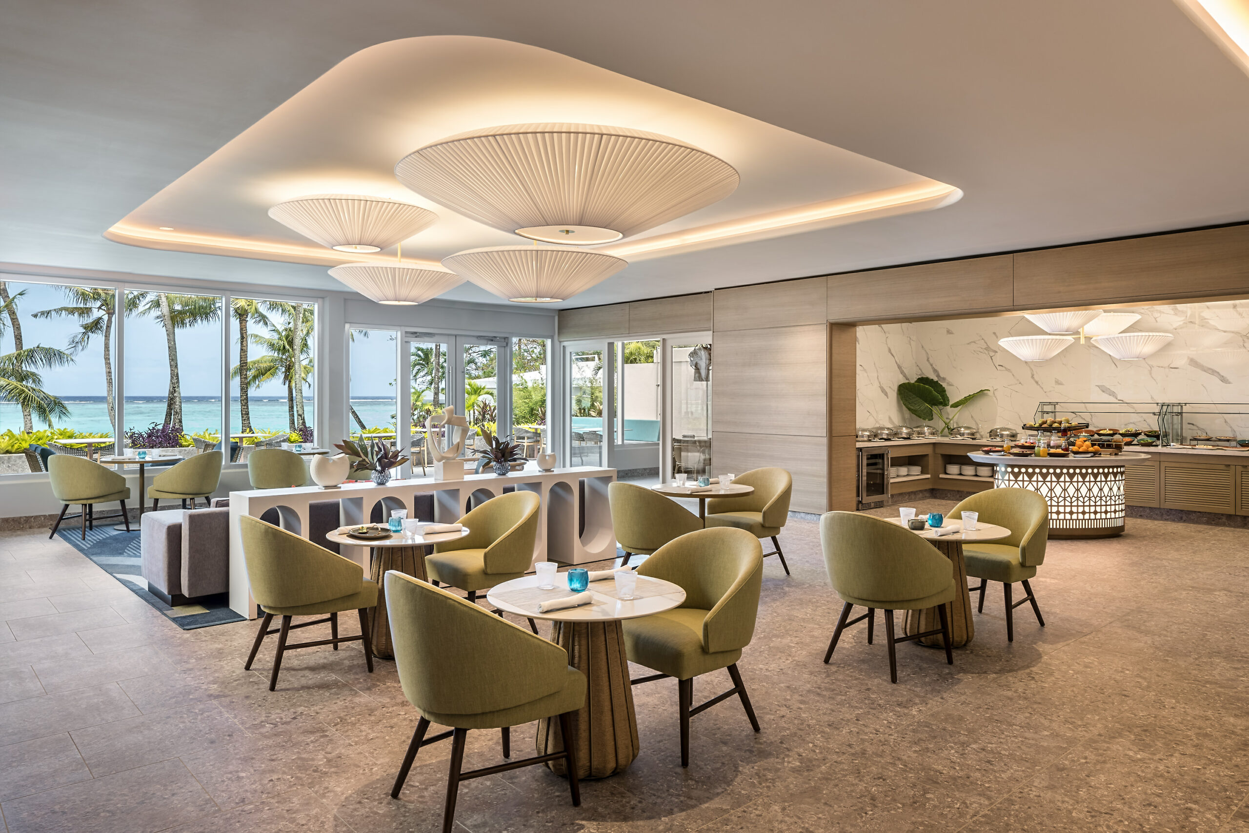 Modern banquet hall with ocean view, ideal for meetings and events in Guam.