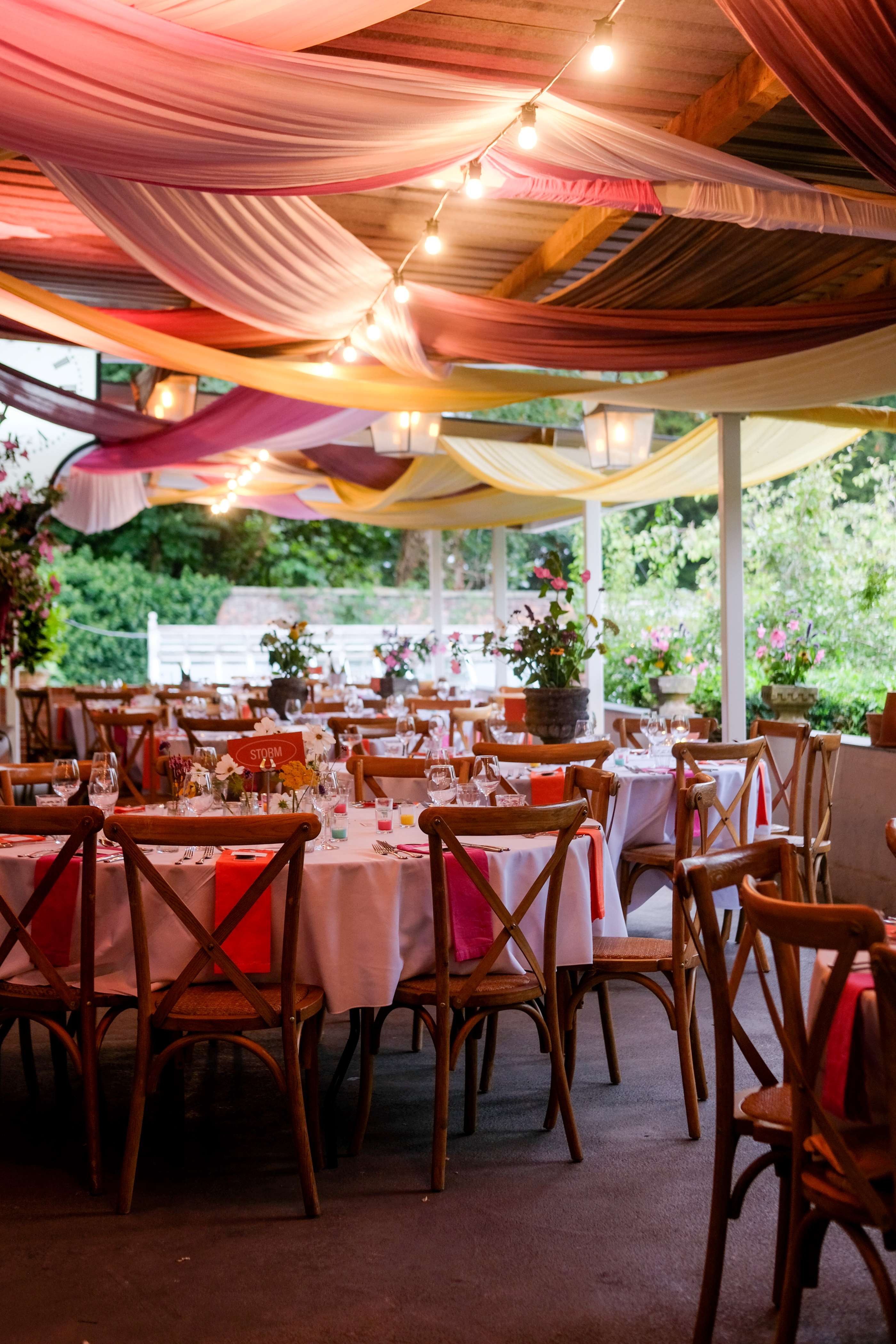 Outdoor dining space in The Walled Garden, perfect for weddings and upscale events.