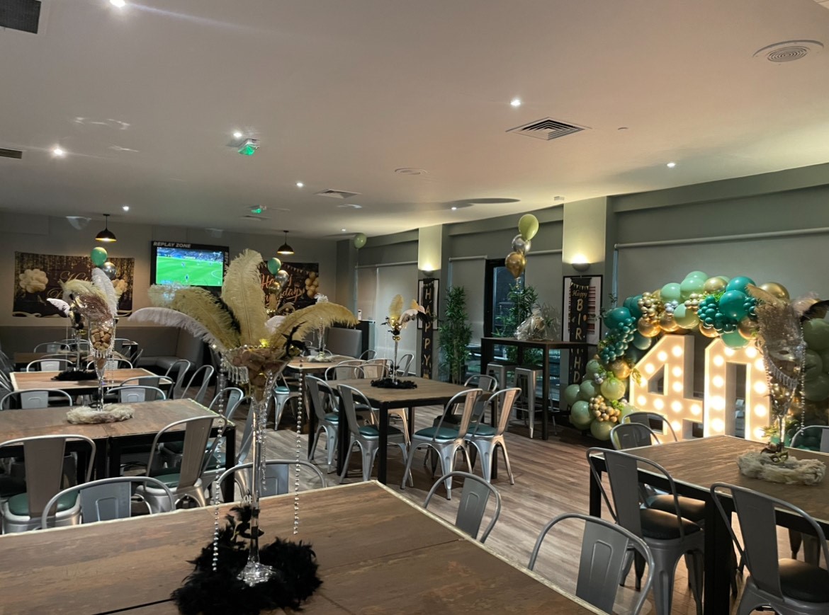 Stylish function room for a 40th birthday with elegant decor and festive ambiance.