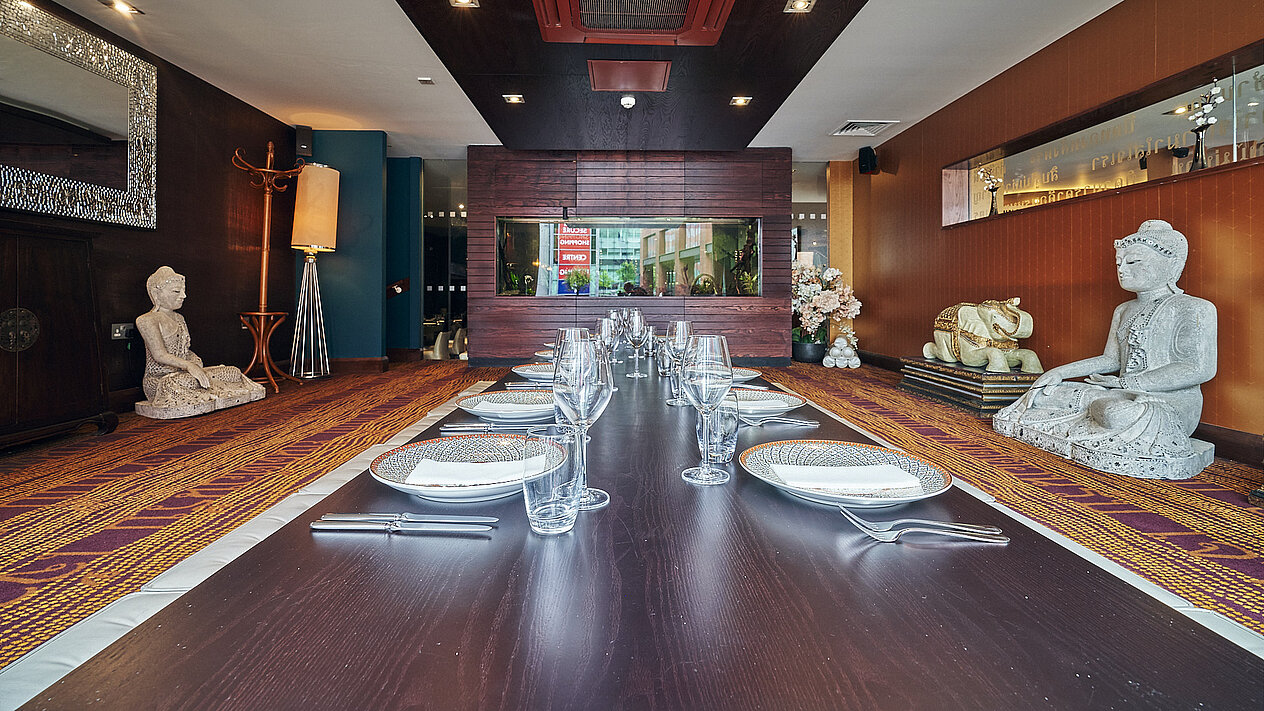 Private dining setup in Chaophraya Leeds, ideal for corporate events and networking dinners.