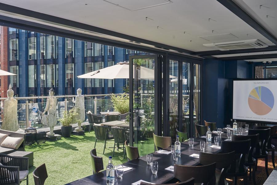 Stylish meeting space with large windows at Chaophraya Leeds for events and networking.