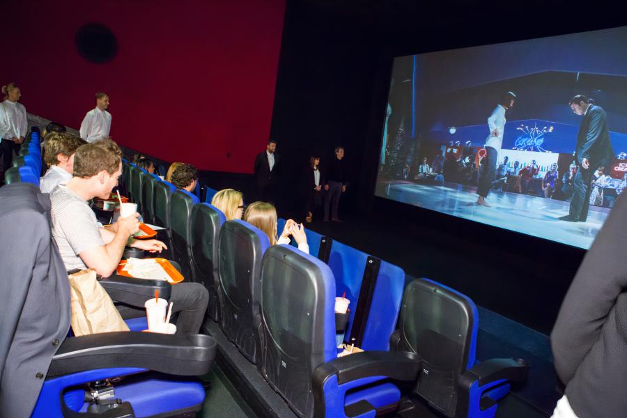 ODEON Trafford Centre cinema event setup with large screen for corporate presentations.