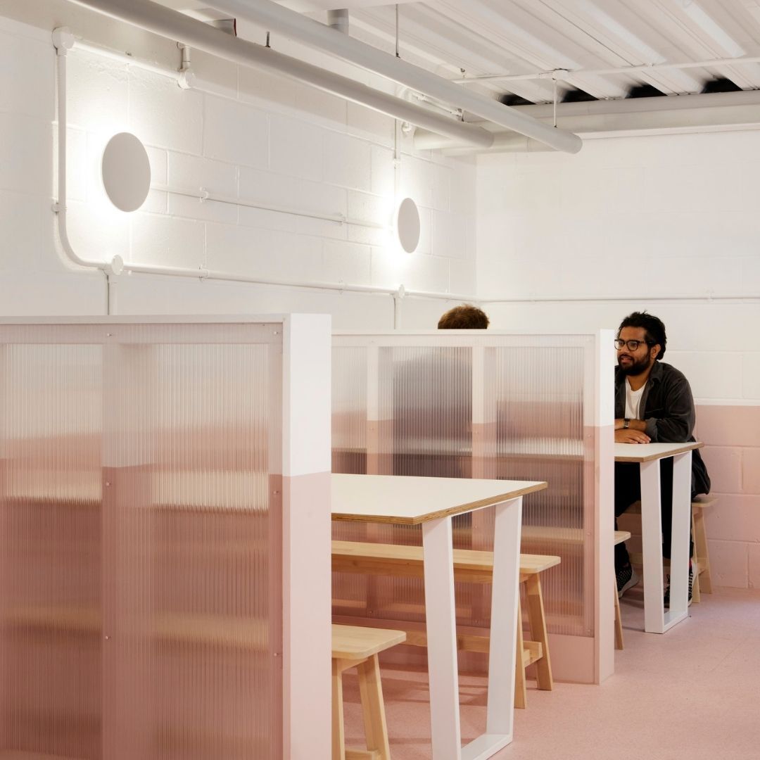 Modern minimalist meeting space in Tooting Works, ideal for brainstorming sessions.